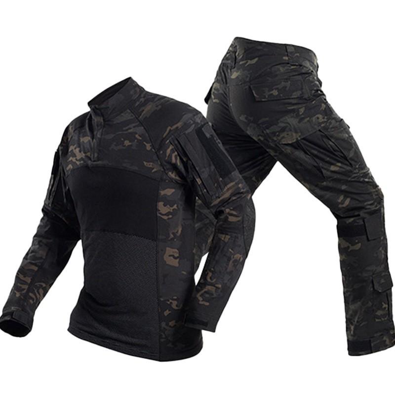 Mens Camo Tactical Long Sleeve Set Outdoor Training Suit Breathable Cotton Blend Hiking Running