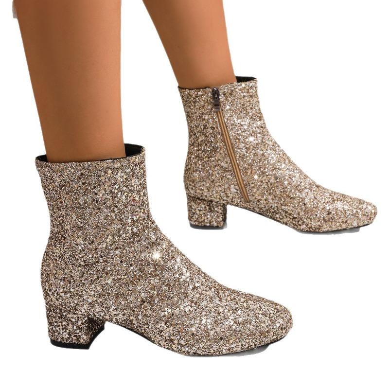 Herbst und Winter neue Stiefel mit dickem Absatz, mittelhohem Absatz, kurzem Schaft, Damengröße, Pailletten, runder Absatz, dicker Absatz, Martin-Stiefel