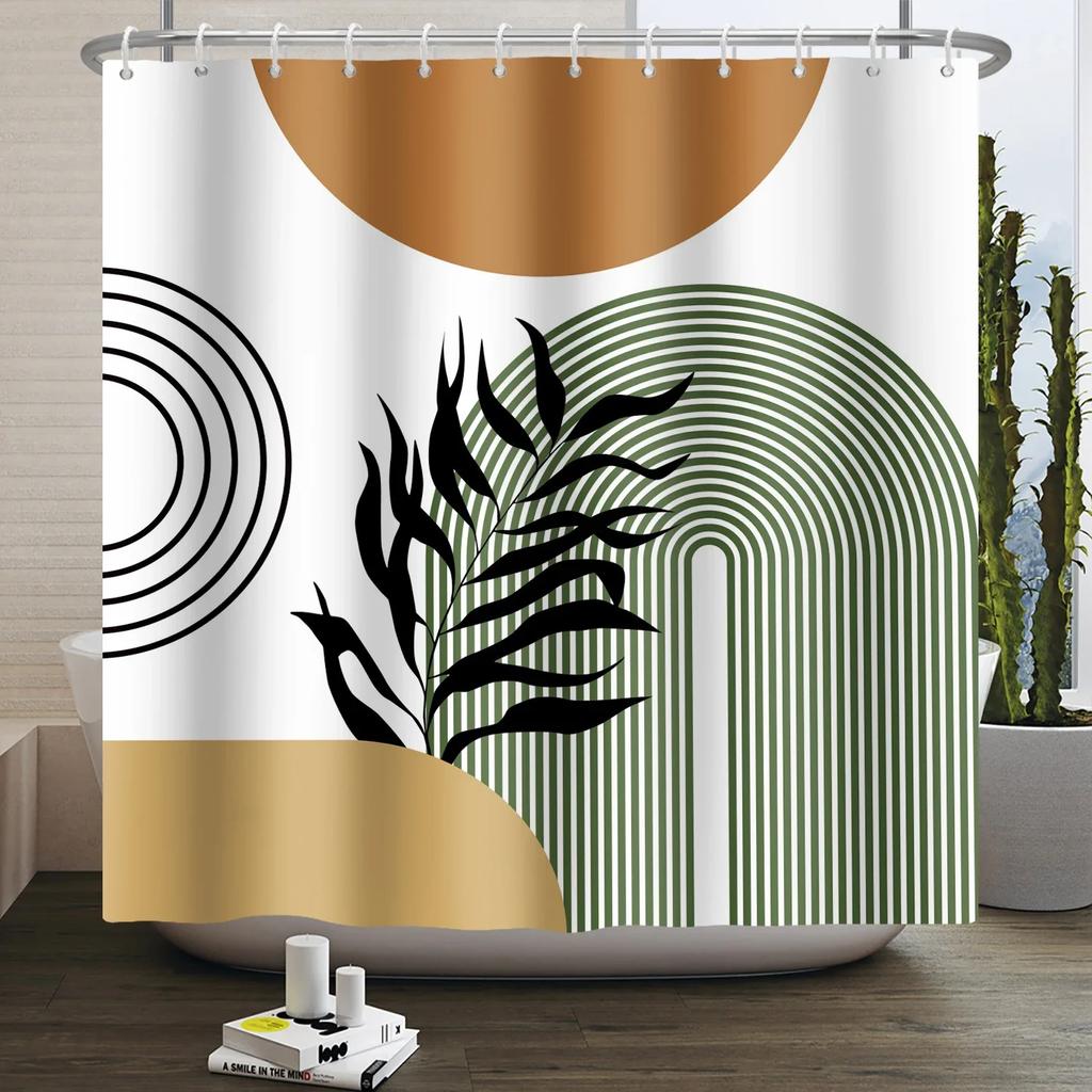Mid Century Abstrakt Boho Duschvorhang Grünes Blatt Pflanze Modern Bogen Sonne Minimalistisch Nordisch Wasserdicht Badezimmer Badvorhang