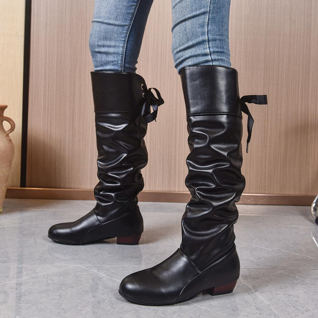 Fashion Shoes For Women 2025 Spring Knee High Boots Black Tall Boots Woman Pleated Low Heel Casual Leather Female Long boots