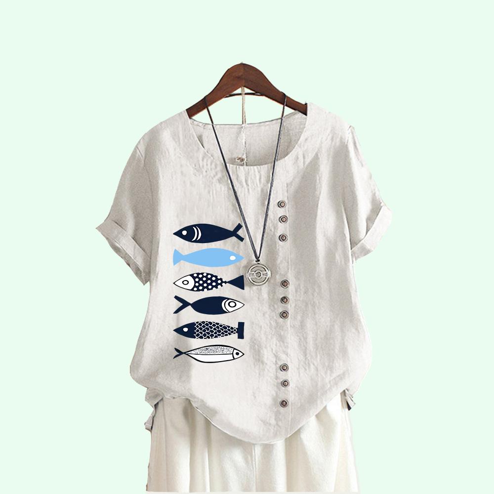 

Женская мода с принтом рыбы, короткий рукав, летняя повседневная футболка с круглым вырезом из хлопка и льна, свободные блузки S белый