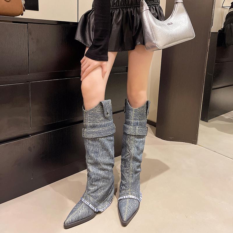 Fashion Knee High Boots Female Autumn Casual Slip on Women Shoes Square High Heels Solid Denim Square Buckle Motorcycle Boots
