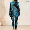 Women Plus Size Two Piece Set Round Neck Long Sleeve Teal Blue Gold Printed Longline Top And Fitted Pants