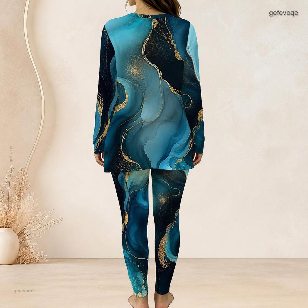 Women Plus Size Two Piece Set Round Neck Long Sleeve Teal Blue Gold Printed Longline Top And Fitted Pants