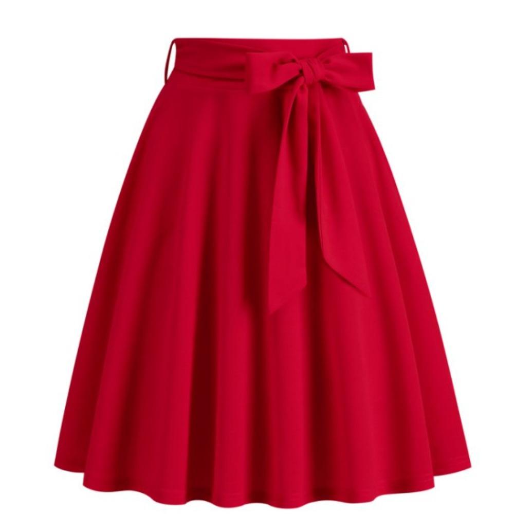 Women s High Waist Midi Skirt A Line Bow Tie Skirt Elegant Solid Color Swing Skirt Vintage Casual Skirt S