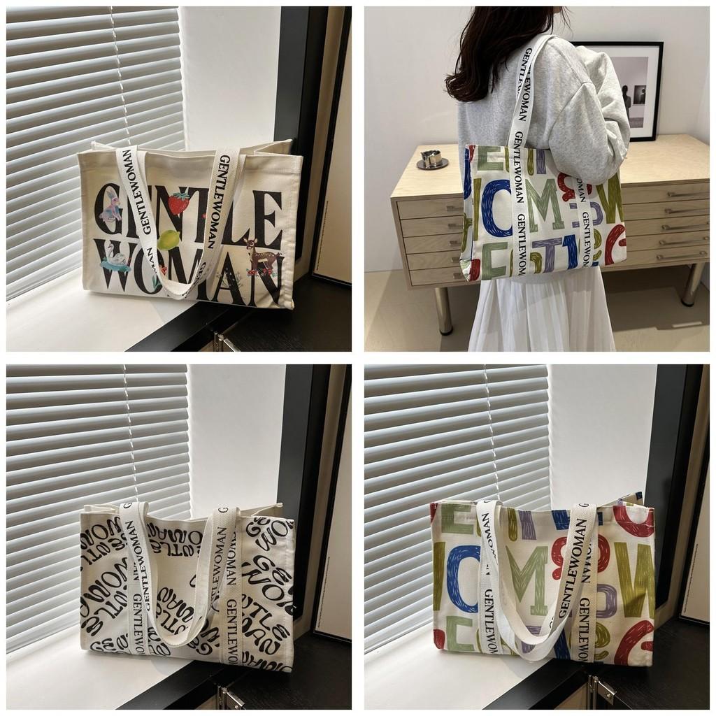 Large Capacity Stylish Canvas Tote Bag With Vibrant Letter Print Design For Everyday Use