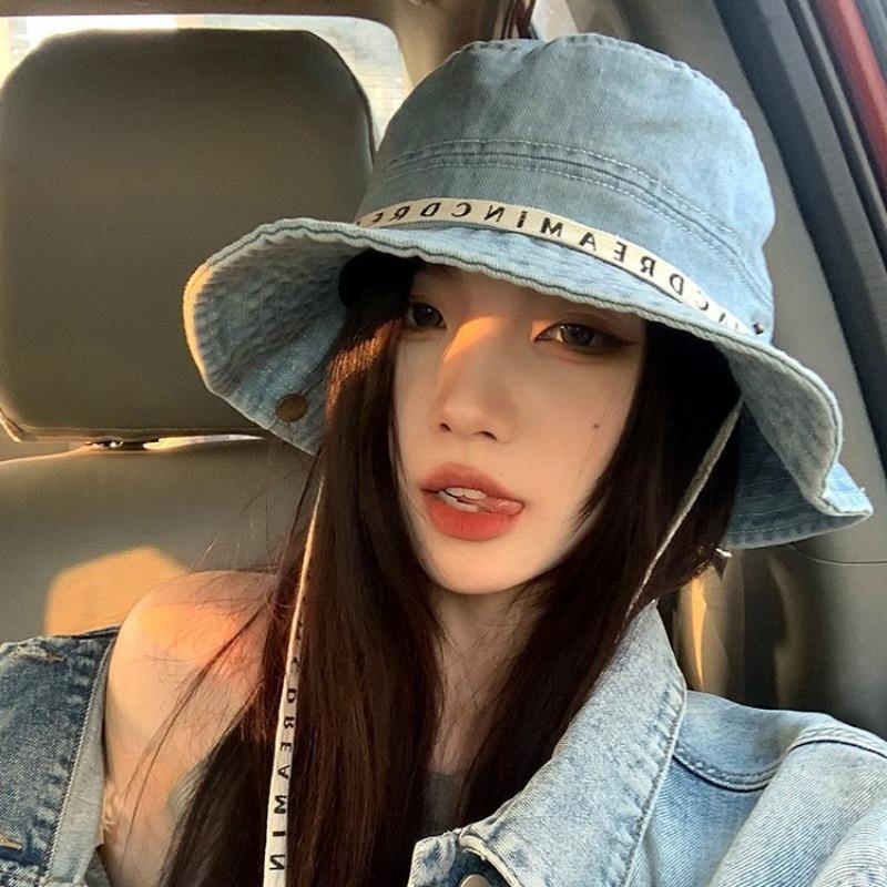 Strap bucket hat women's spring and autumn retro washed big eaves show face small plain basin hat high-end hat