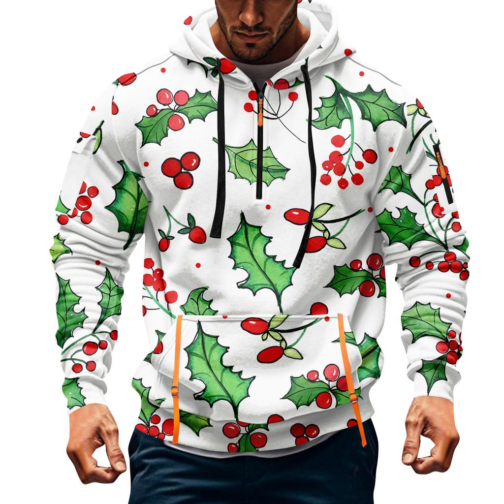 Herren Weihnachten Print Kapuzenpullover Halb-Reißverschluss Lässig Sport Sweatshirt