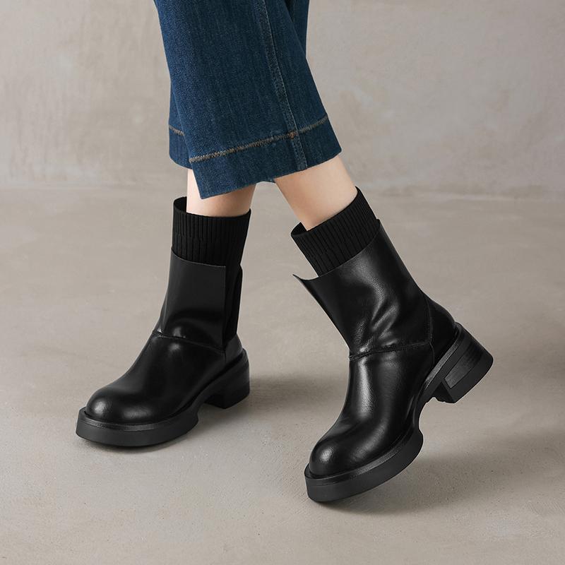 Fashion 2025 NEW Autumn/Winter Women Boots Round Toe Med Heel Chelsea Boots Split Leather Shoes for Women Retro Ankle Boots Modern