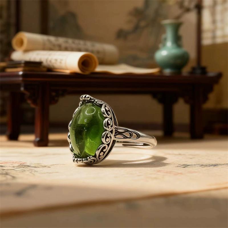 Retro Ethnischer Stil Thai Silber Hohl Verwelkte Rebe Grüner Zirkon Verstellbare Ringe Für Frauen Mode Neuer Schmuck Geschenk
