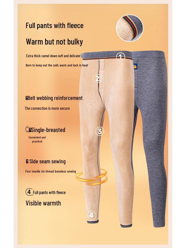 Men's Winter Fleece-Lined Camel Wool Base Layer Set - Warm Cotton Underwear and Pants for Middle-Aged and Elderly