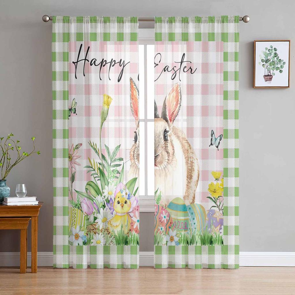Easter Retro Farm Style Bunny Sheer Curtains for Bedroom Living Room Festival Decor Cute Rabbit Kitchen Window Tulle Curtain