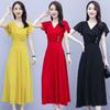 V-neck Fashionable Foreign Solid Color Dress Women's New Summer Large Size Women's Clothing Waist Thin Temperament Simple Long Dress