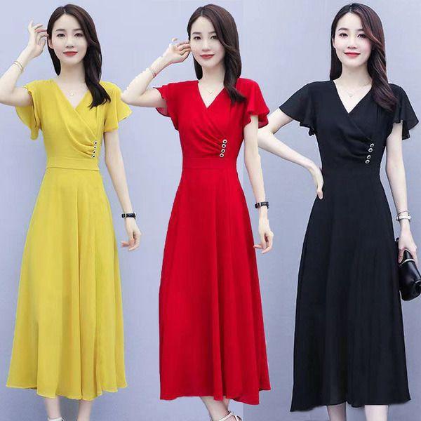 V-neck Fashionable Foreign Solid Color Dress Women's New Summer Large Size Women's Clothing Waist Thin Temperament Simple Long Dress