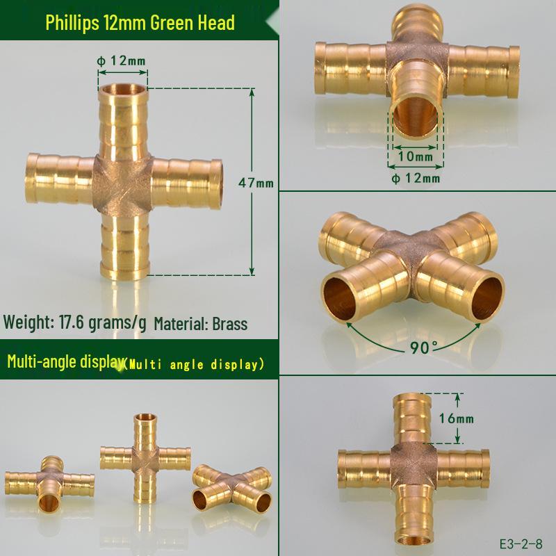 Brass Pagoda Head Insert for Gas Hose, Natural Gas Pipeline Connector 8/12, Pneumatic Fittings Inline Cross Tee