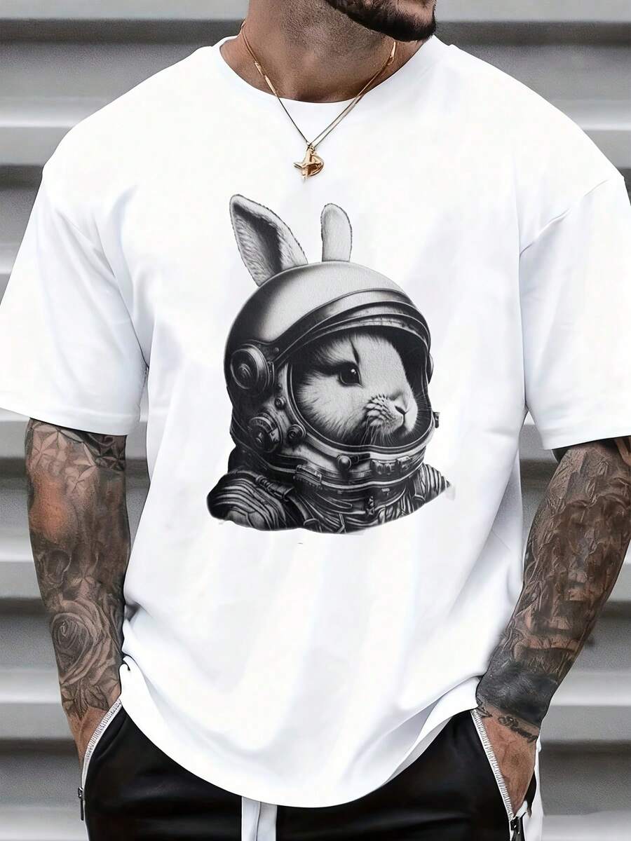 Astronaut Rabbit Graphic T-Shirt Unisex White Crewneck Streetwear Fashion T-Shirt S