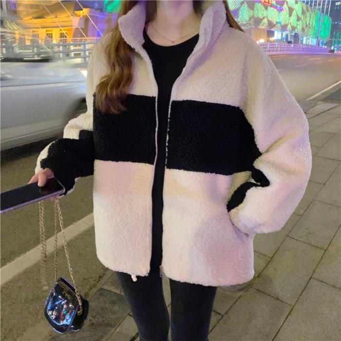 Women's Trendy Korean-Style Color Block Fleece-Lined Lambswool Long Sleeve (Autumn/Winter)