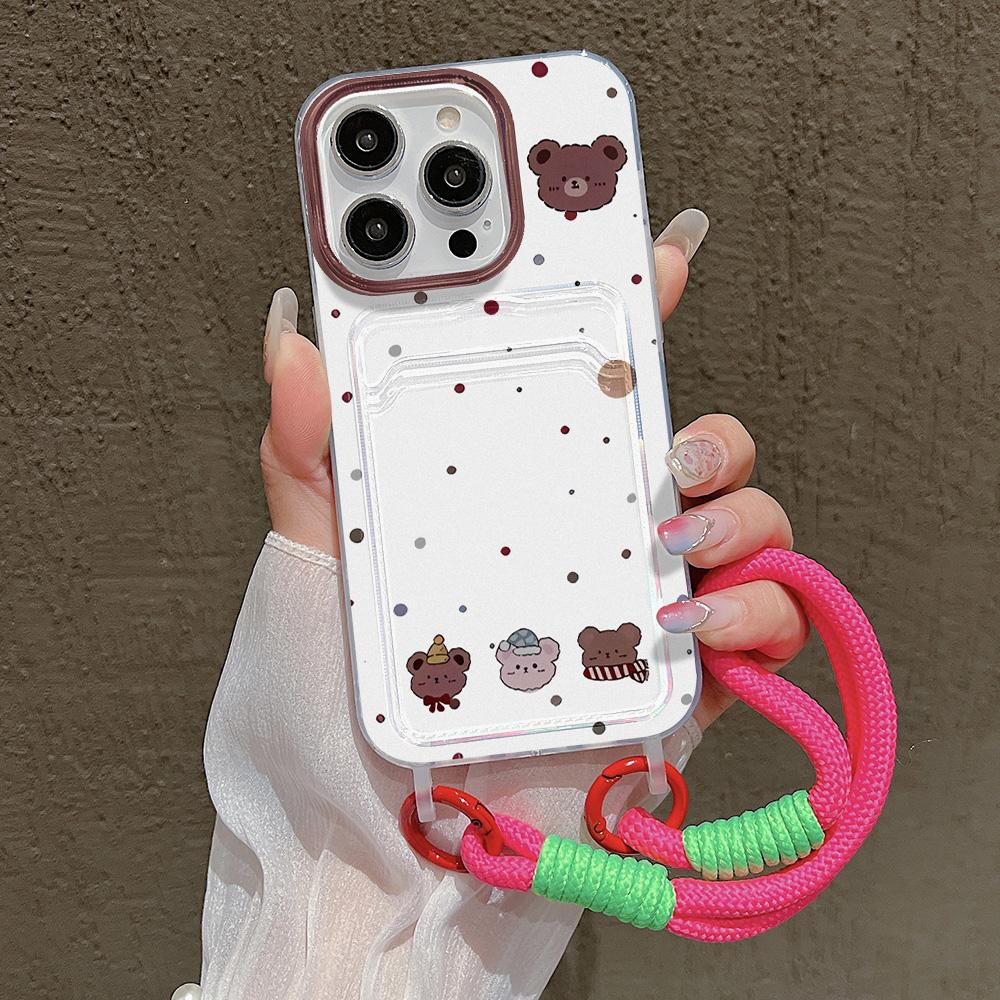Cute Cartoon Bear Hang Chain Lanyard Phone Case For iPhone 13 11 12 14 15 16 Pro Max 7 8 Plus XR XS X SE  Card Holder Cover