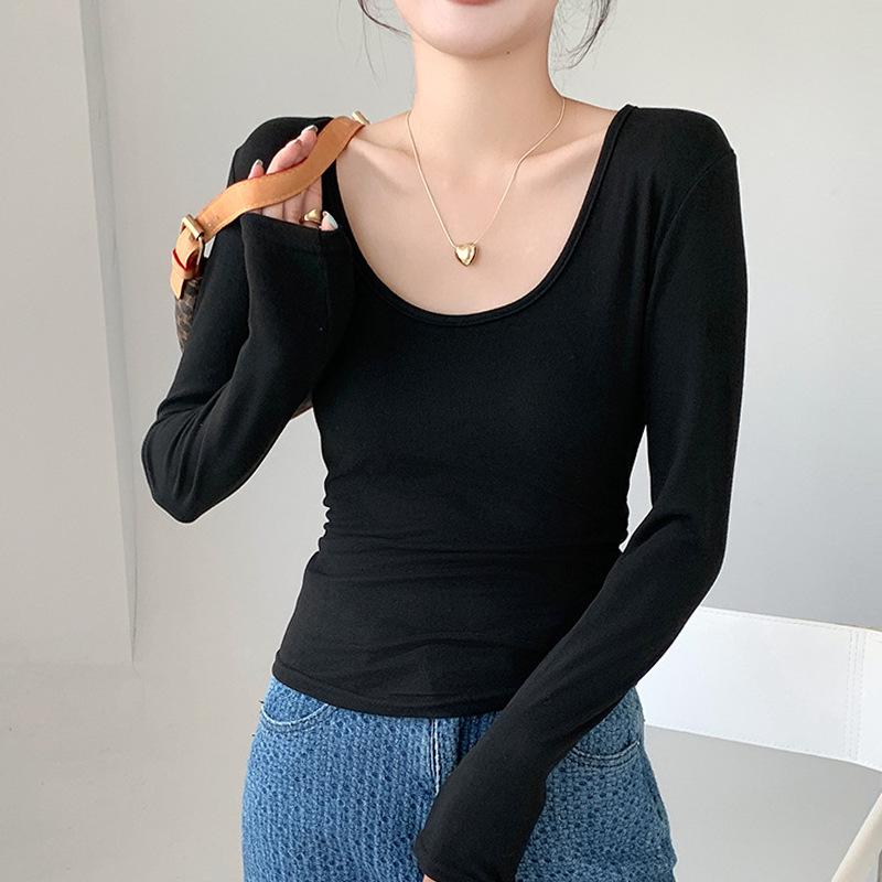 Women's Slim Fit U-Neck Ruched Long Sleeve Top - Autumn/Winter Style