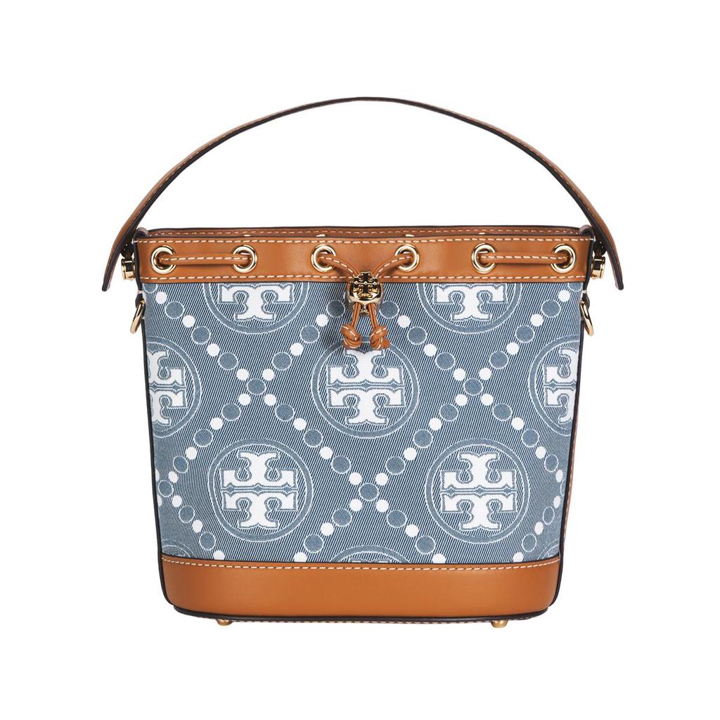 Tory Burch T Monogram Drawstring Logo Bucket Bag Women Handbags Brown Denim-Blue 159637-960