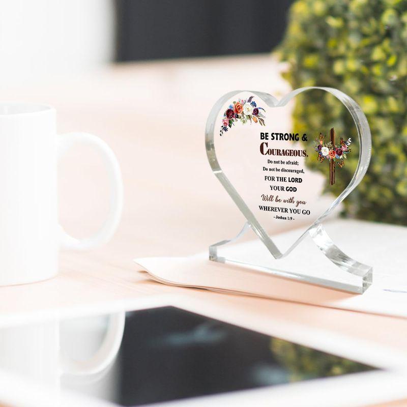 Inspirational Christian Scripture Cross Decor - Acrylic Heart-Shaped Desk Ornament with Joshua 1:9 Verse, Floral Design, Perfect for Home, Office, o