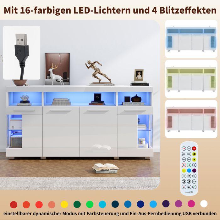 Modern Buffet, LED Illuminated Sideboard, Glass Sideboard, Living Room Buffet with 4 Doors 3 Compartments, Kitchen Cabinet,