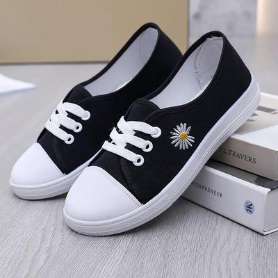 Sapatos Femininas Women Fashion Round Toe Black Canvas Anti Skid Flat Shoes for Student School Lady White Cool Floral Shoe Ba357