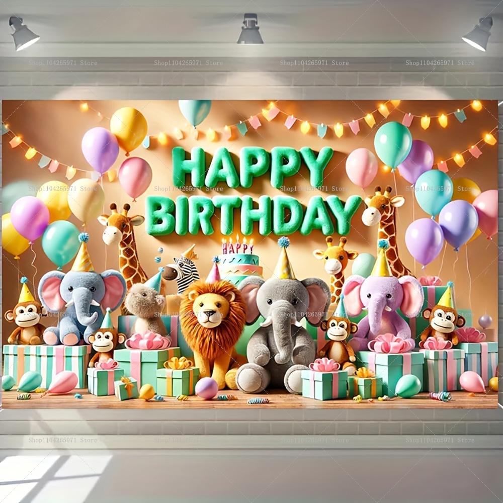 Cartoon Colorful Jungle Animal Themed Backdrop Kids Birthday Baby Shower Party Banner Baby Portrait Photography Gift Supplies
