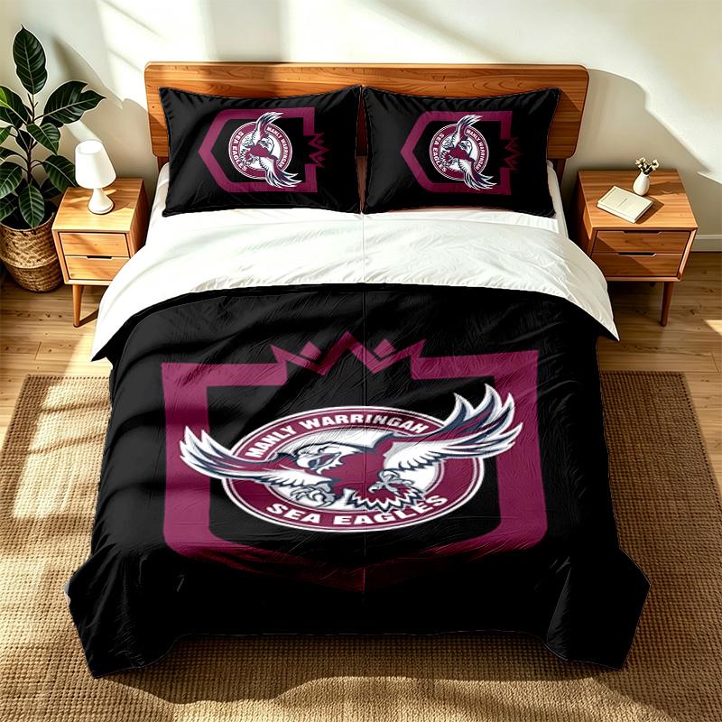 Manly Warringah Sea Eagles (14) 3pc set suitable for master bedrooms soft and comfortable an ideal gift for family and friends Includes one duvet cove