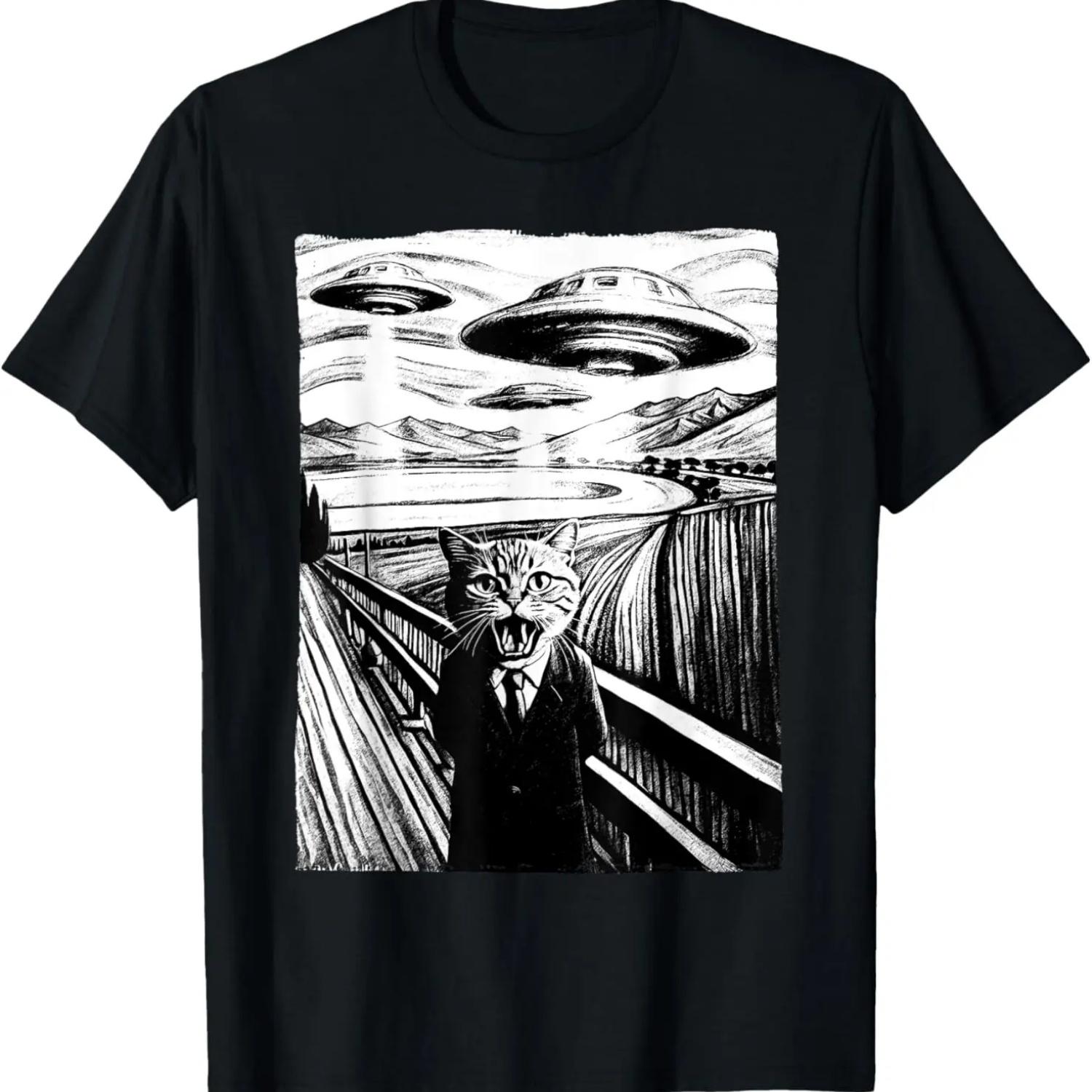 

Funny Cat Scared Of Alien Ships Abducting Cats Cute Cat Men T-Shirt S чёрный