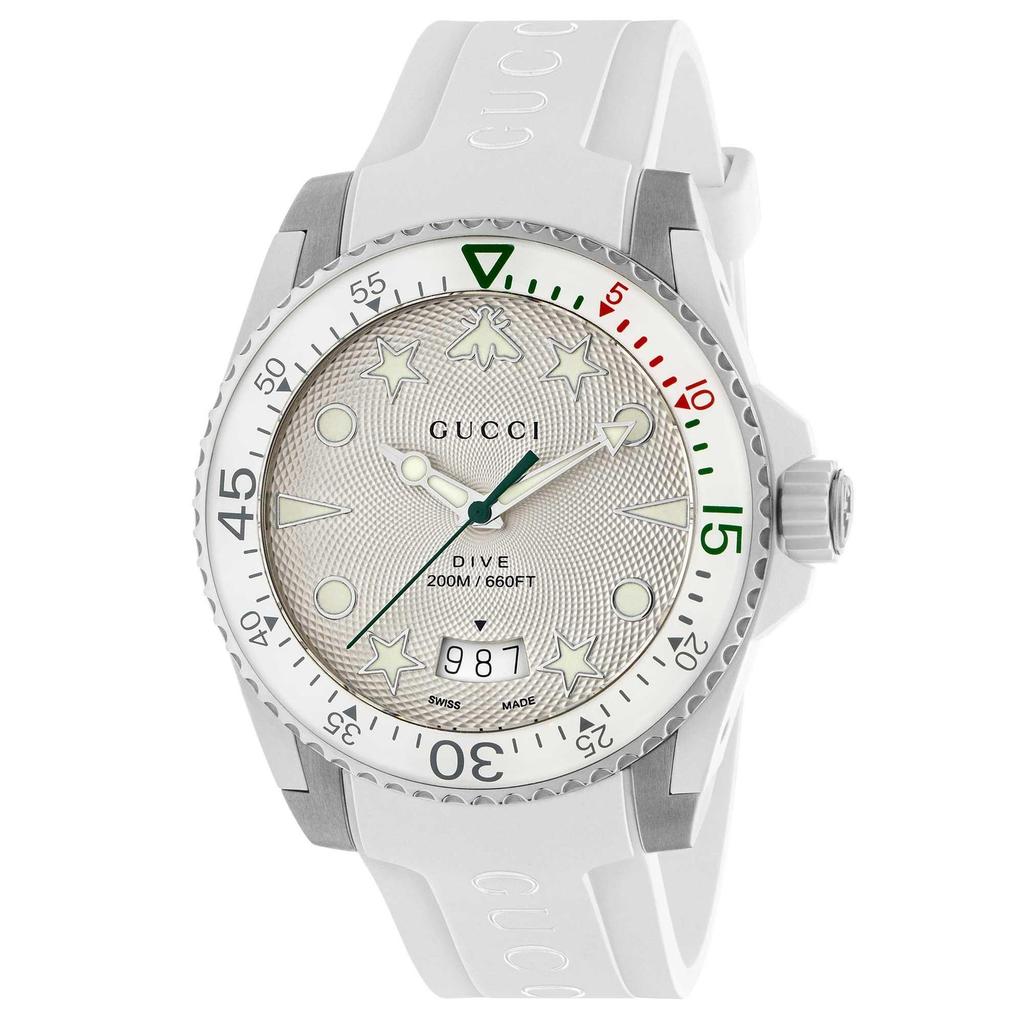 Gucci YA136337 Hodinky se stříbrným ciferníkem s bílým gumovým řemínkem, 40 mm