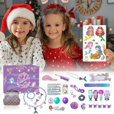 Boîte Calendrier de l'Avent de Noël Sirène Compte à Rebours 24 Jours Robe de Princesse Sirène Bijoux Épingle à Cheveux pour Filles Cadeaux de Noël