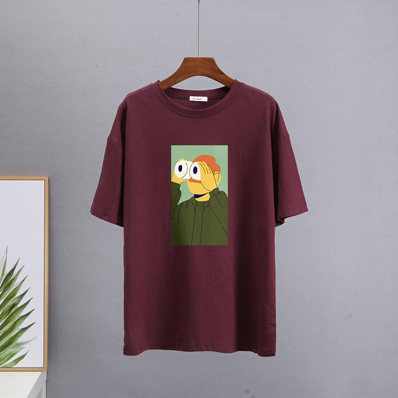Hirsionsan Nya roliga tecknade T-shirts Kvinnor Kawaii Casual Oversized Tees Par Mjuk bomull O-hals Kvinnliga Grafiska Toppar
