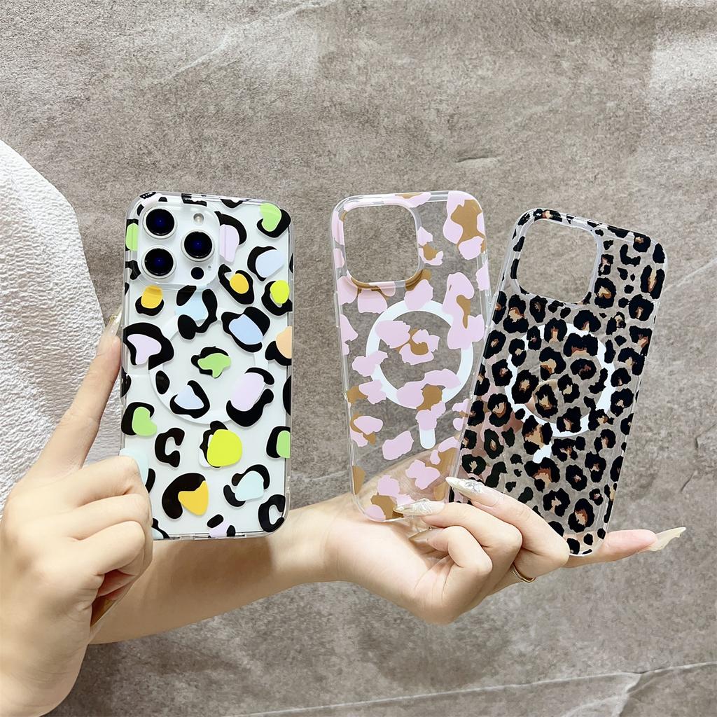 For iPhone 16 Pro Max Magnetic Case Hollow Leopard Print Design TPU PC Phone Back Cover