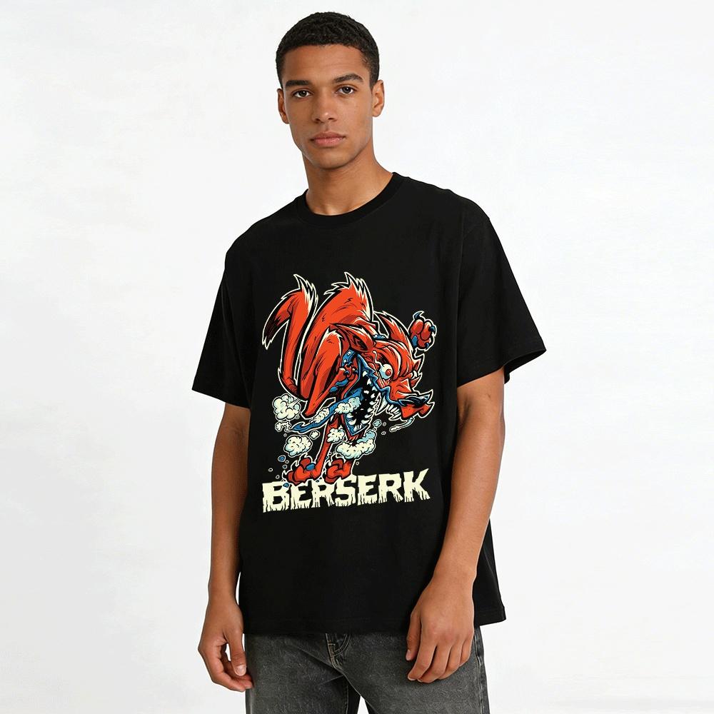 Berserk Red-eyed Wolf Print Trendy Street Style Casual T-shirt Pure cotton T-shirt