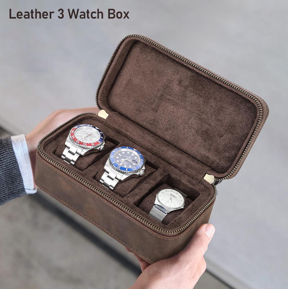Vintage Crazy Horse Leather Watch and Jewelry Travel Box - Genuine Three-Piece Storage, Portable Ornament Gift Case.