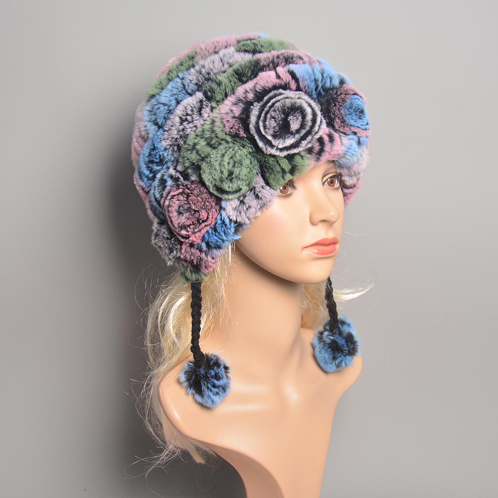 Winter Hats for Girls Women's Fur Hat Real Rex Rabbit Cap Floral Knitted Hat with Balls Skulls Beanies 55-59cm