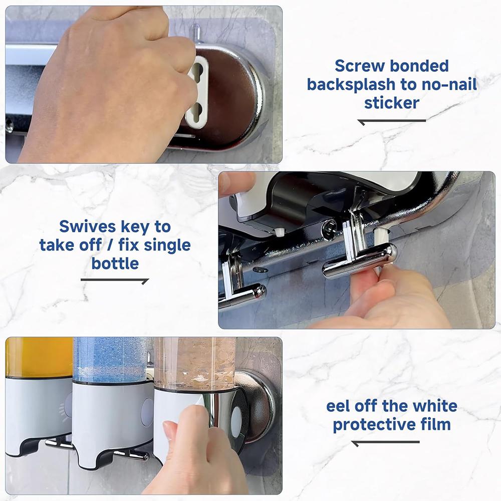 1500ML 3-Chamber Wall Mounted Transparent Window Shampoo Conditioner Dispenser No-Drill Installation for Bathroom Kitchen Hotel