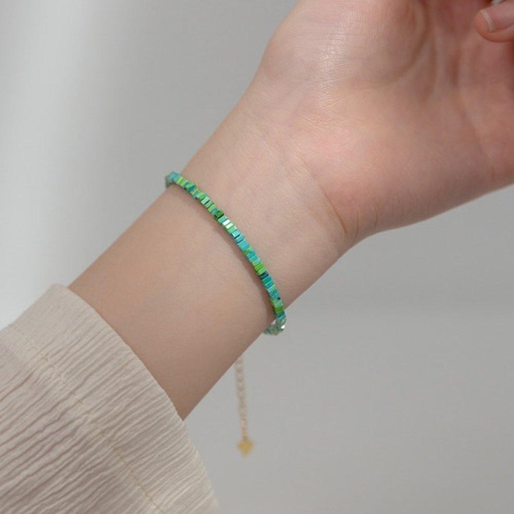

925 Silver Bohemian Vintage Green Stone Bead Silver Bracelet W083