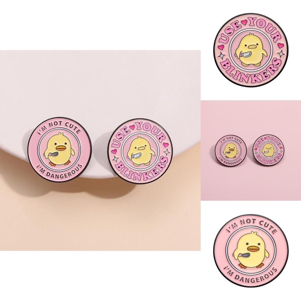 Charming Round Yellow Duck Cartoon Brooch With Artistic Pink Lettering For Occasion Every