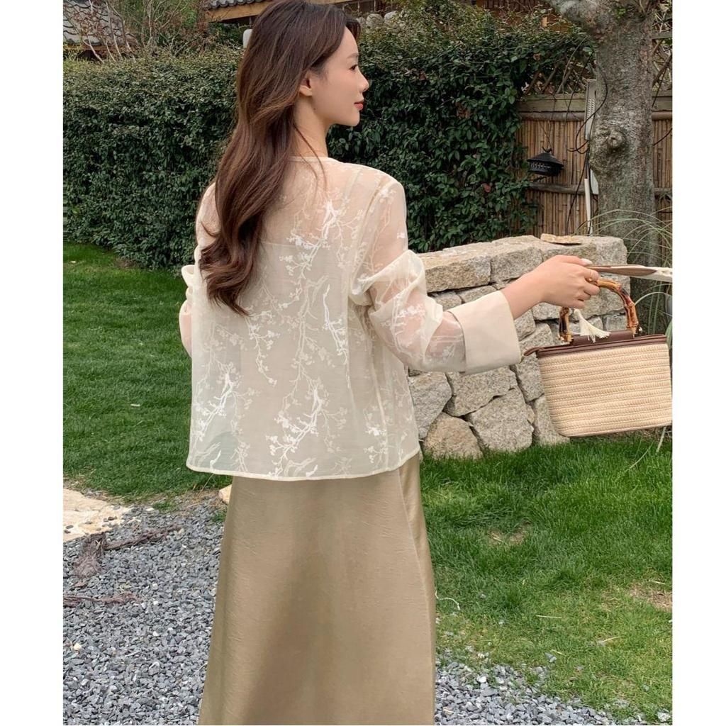 Elegant Chinese-Style Camisole Dress & Organza Cardigan Two-Piece Set for Summer.