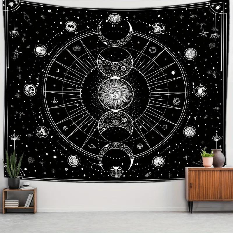 VIKAMA Black and White Constellations Moon Phases Tarot Wind Art Tapestry Living Room Bedroom Bedhead Sofa Background Wall Decor
