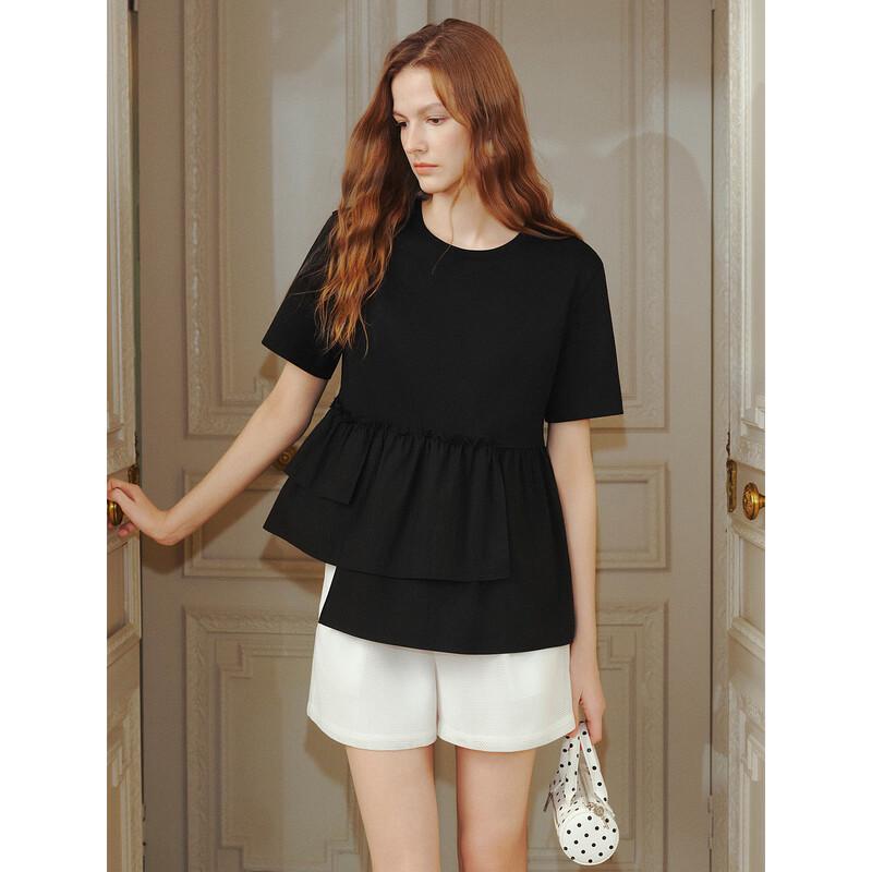 ELLE Women s French Style Patchwork Ruffle T-shirt M