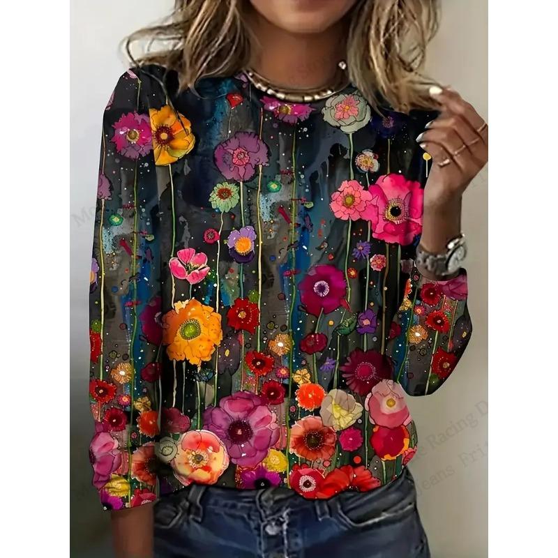 Bright Vibrant Flower 3d Graphic Print T-Shirt Women Fashion Casual Oversized Long Sleeve T-shirt Women Clothes Blossom Tops Tee