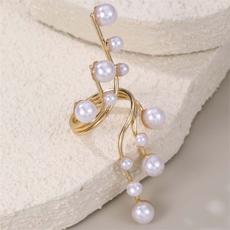 Exaggerated White Imitation Pearl Cuff Bracelet Ring For Women Vintage Metal Irregular Double Layer Large Pearl Bangles Jewelry