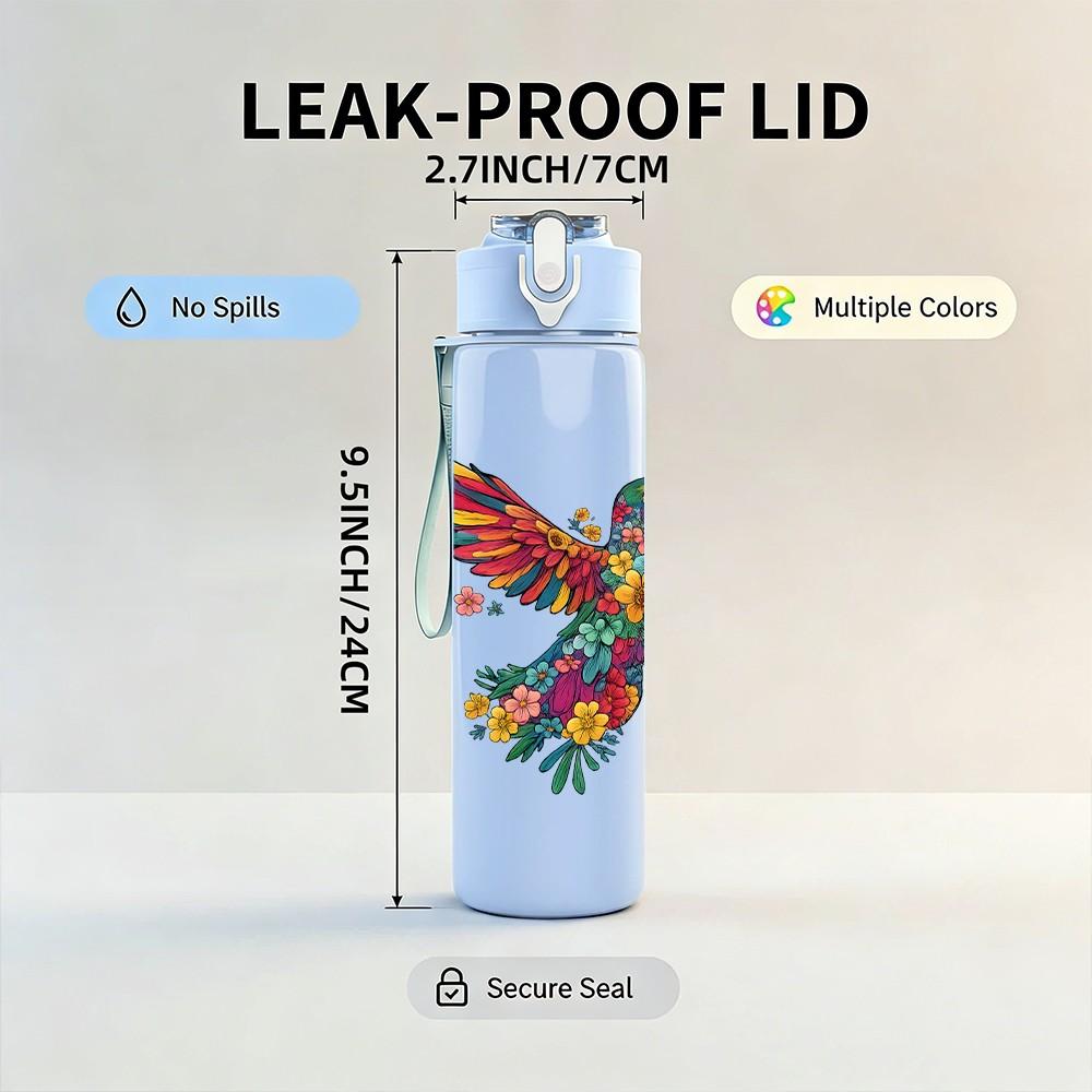 1PC Colorful Hummingbird Art 750ml Color Plastic Sports Water Bottle Leakproof Flip Straw Lid Suitable for Sports Office Home Use