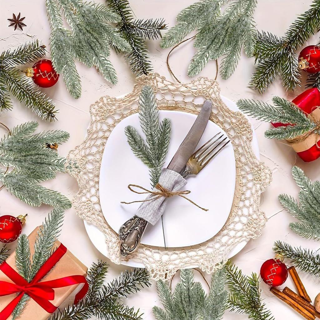 30pcs Christmas Tree Ornaments 10.24inches Snow-Dusted Pine Branches Green Flocked Needle Multi Purpose Decorative