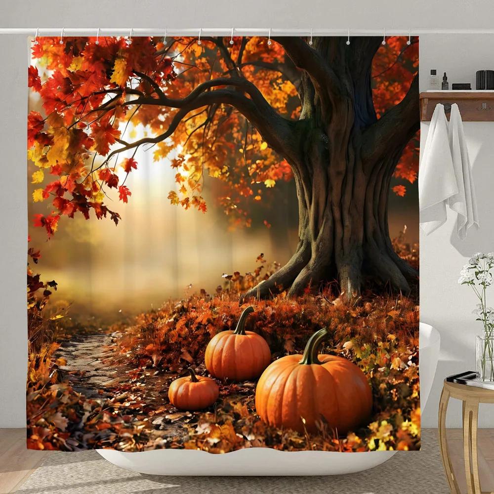 Autumn Farm Pumpkin Shower Curtain Thanksgiving Deep Woods Deer Rustic Highland Cow Sunflower Fabric Bath Curtain Bathroom Decor 90x180cm35x71in