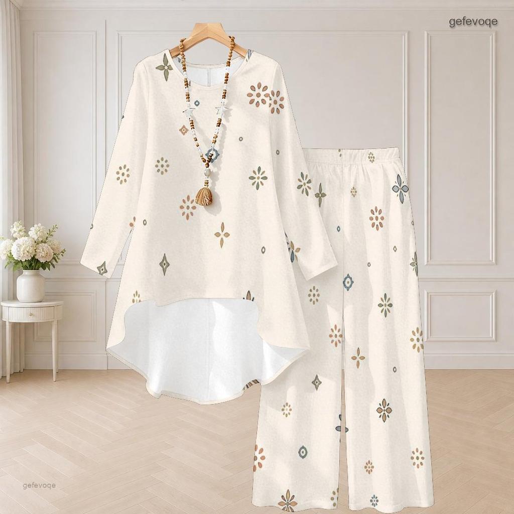 Women Plus Size Round Neck Long Sleeve Brown Beige Printed High Low Top Wide Leg Pants Two Piece Set