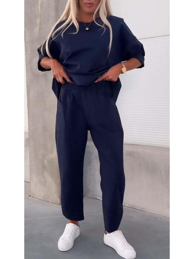 2026 Autumn/Winter Women's Solid Color Crew Neck Long Sleeve Top & Pocket Pants Set
